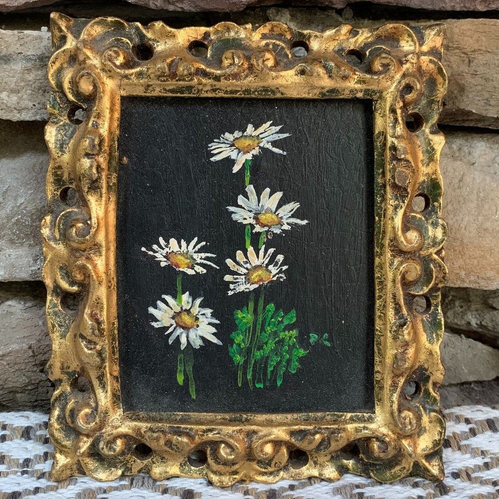 VTG 4 Floral Original Oil Paintings Gold Frames Black Philippa Connolly 1970 - Picture 2 of 16